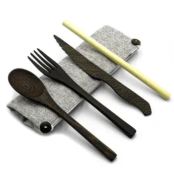 Minimal Dark Wood Cutlery + Organic Pouch