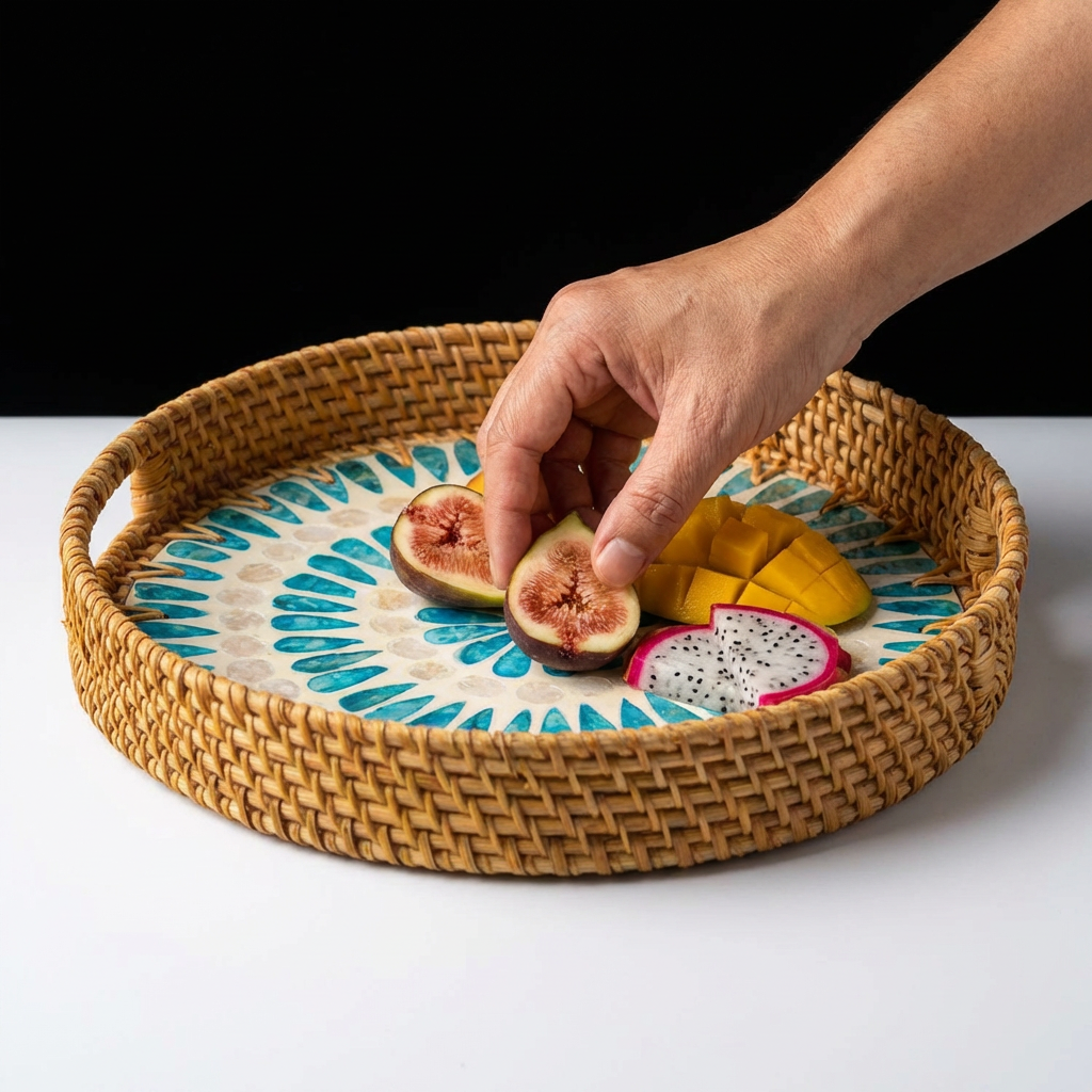 Rattan Tray with Mother of Pearl Inlay | Ripple Design