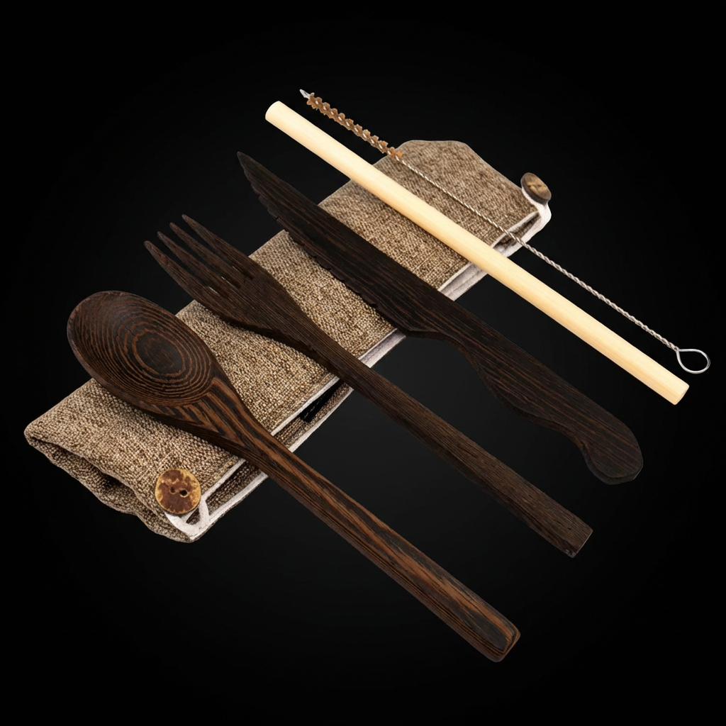 Minimal Dark Wood Cutlery + Organic Pouch
