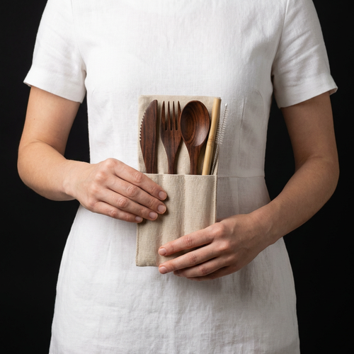 Minimal Dark Wood Cutlery + Organic Pouch