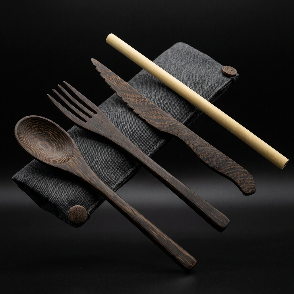 Minimal Dark Wood Cutlery + Organic Pouch