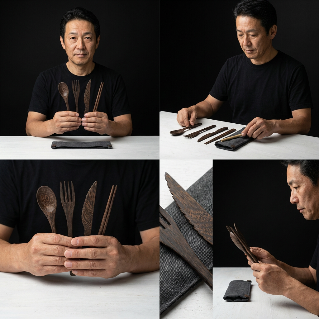 Minimal Dark Wood Cutlery + Organic Pouch
