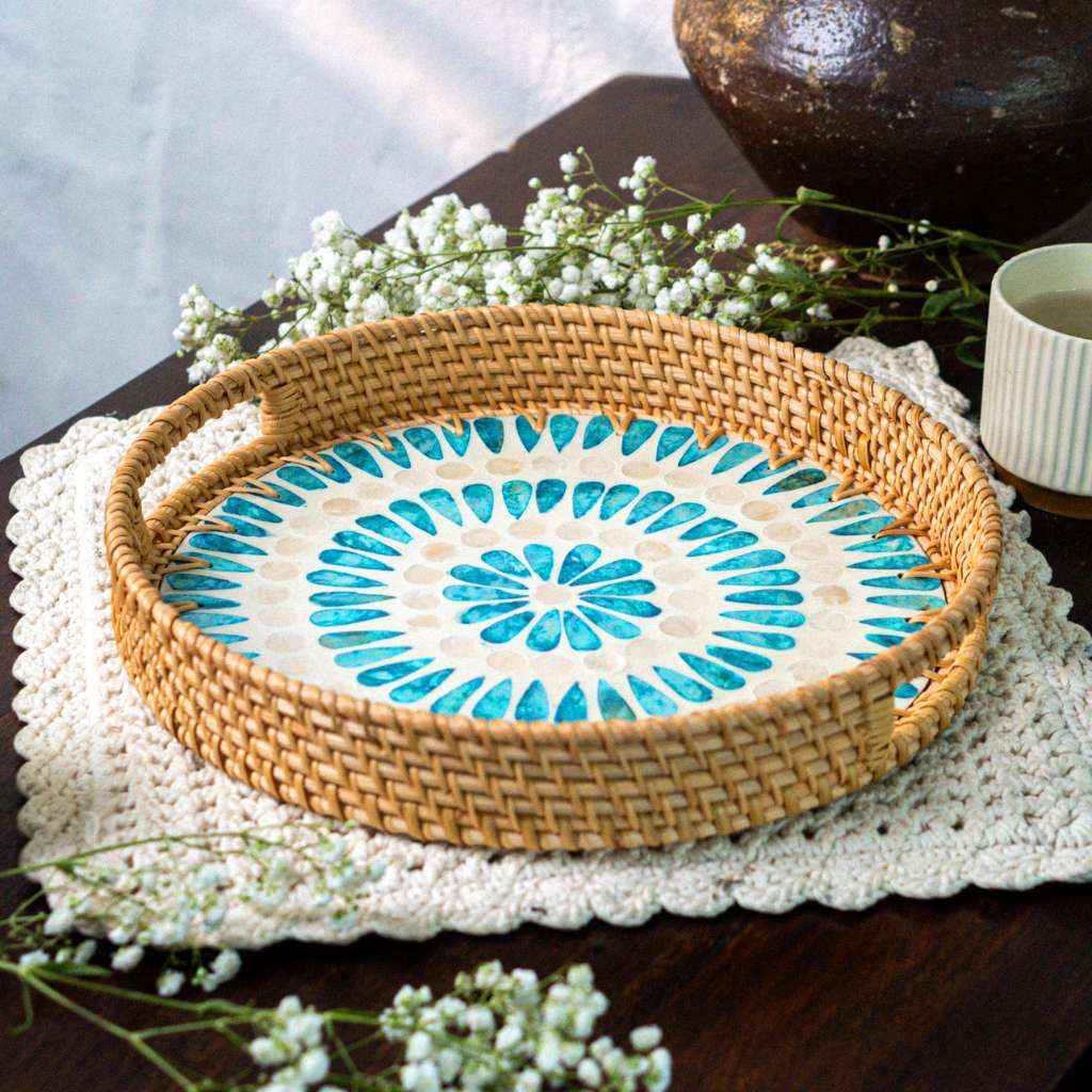 Rattan Tray with Mother of Pearl Inlay | Ripple Design